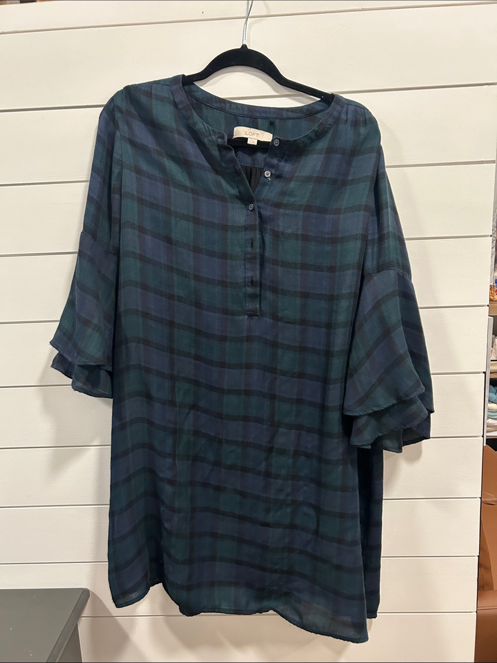 LOFT Navy and Green Plaid Ruffle-Sleeve Button-Front dress